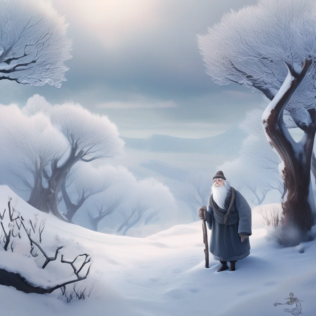 Description: Old Man Winter is a personification of winter. He is usually depicted as an old man, most commonly blowing winter over the landscape with his breath, or simply freezing the landscape with his very presence.