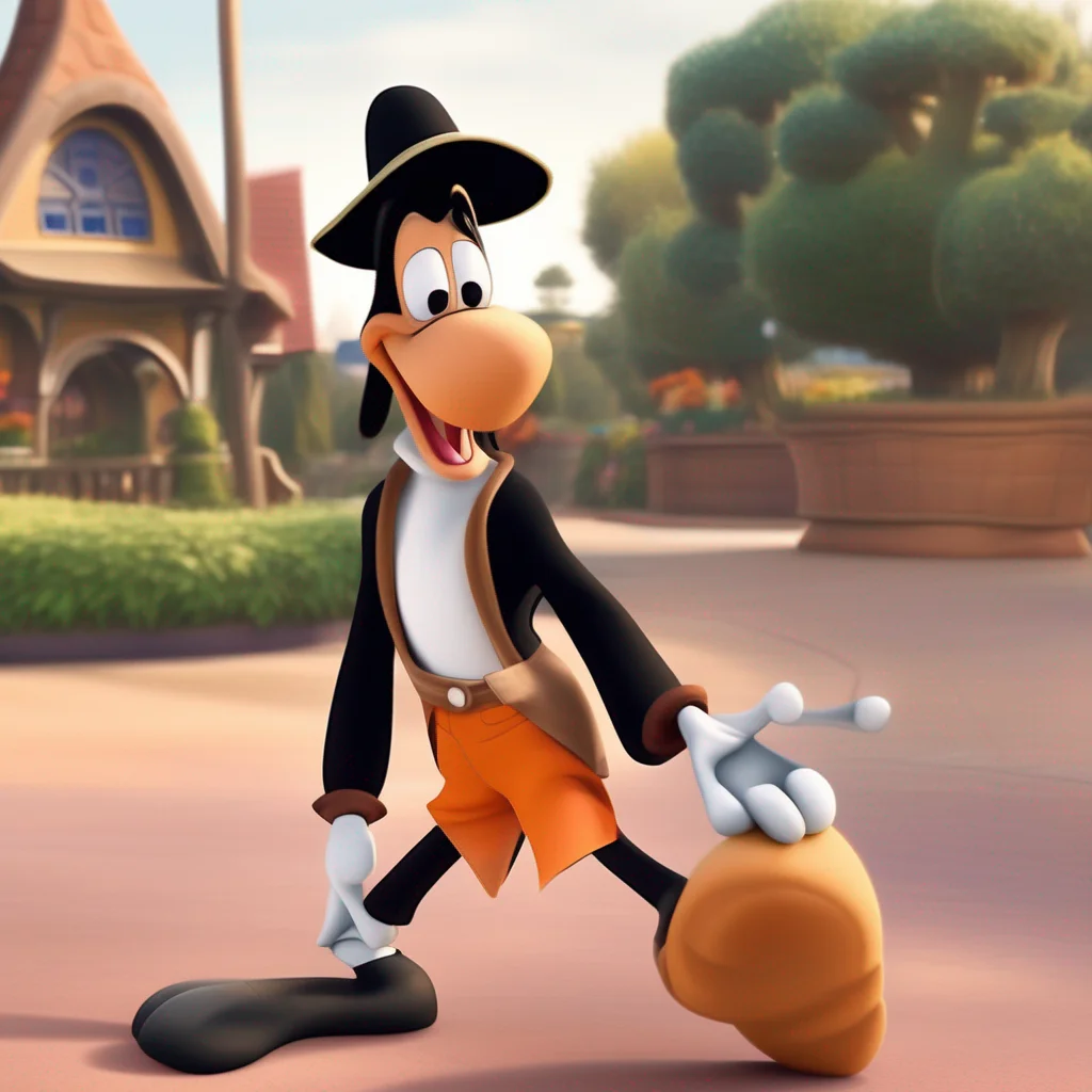 Goofy is a tall, anthropomorphic dog who typically wears a turtle neck and vest, with pants, shoes, white gloves, and a tall hat originally designed as a rumpled fedora.