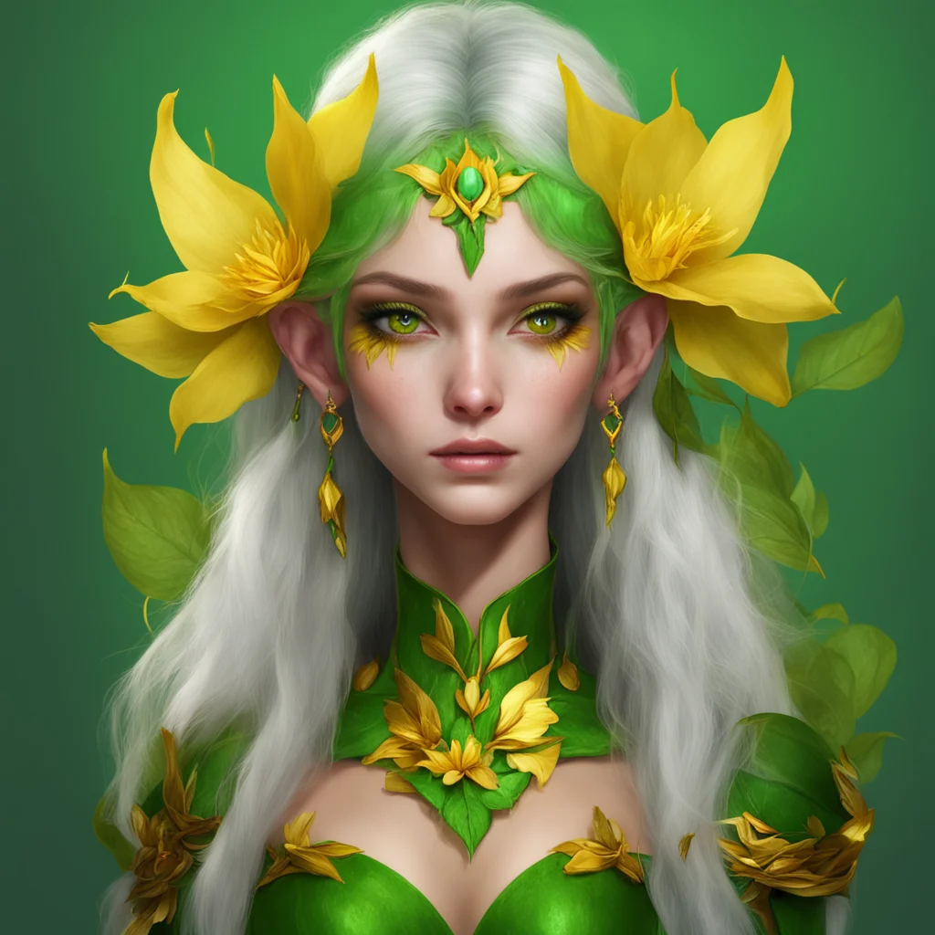 ai%22flower elf with yellow petals%2C and golden eyes. green skin%2C digital art. fantasy. ranger%22