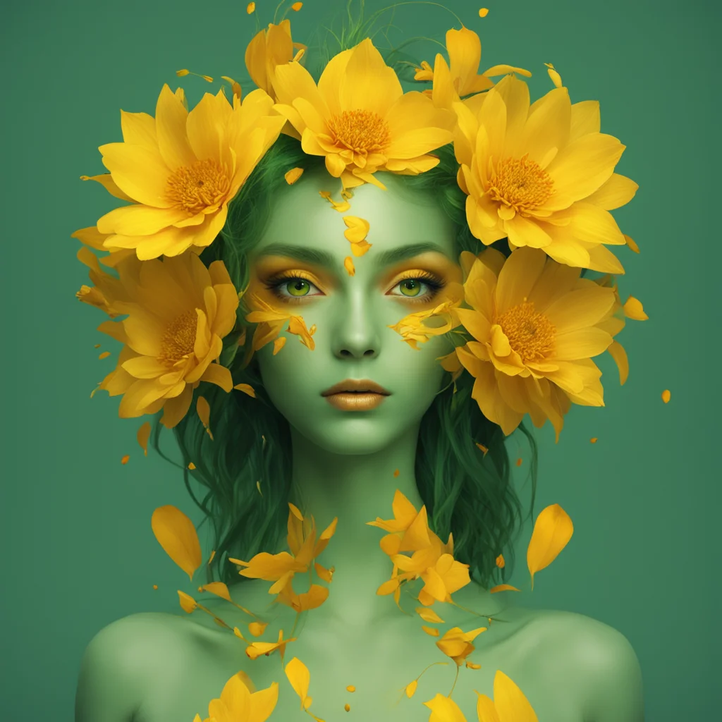 ai%22flower person with yellow petals%2C and golden eyes. green skin%2C digital art%22 confident engaging wow artstation art 3
