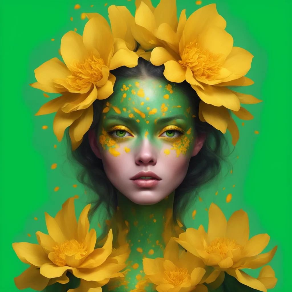 ai%22flower person with yellow petals%2C and golden eyes. green skin%2C digital art%22