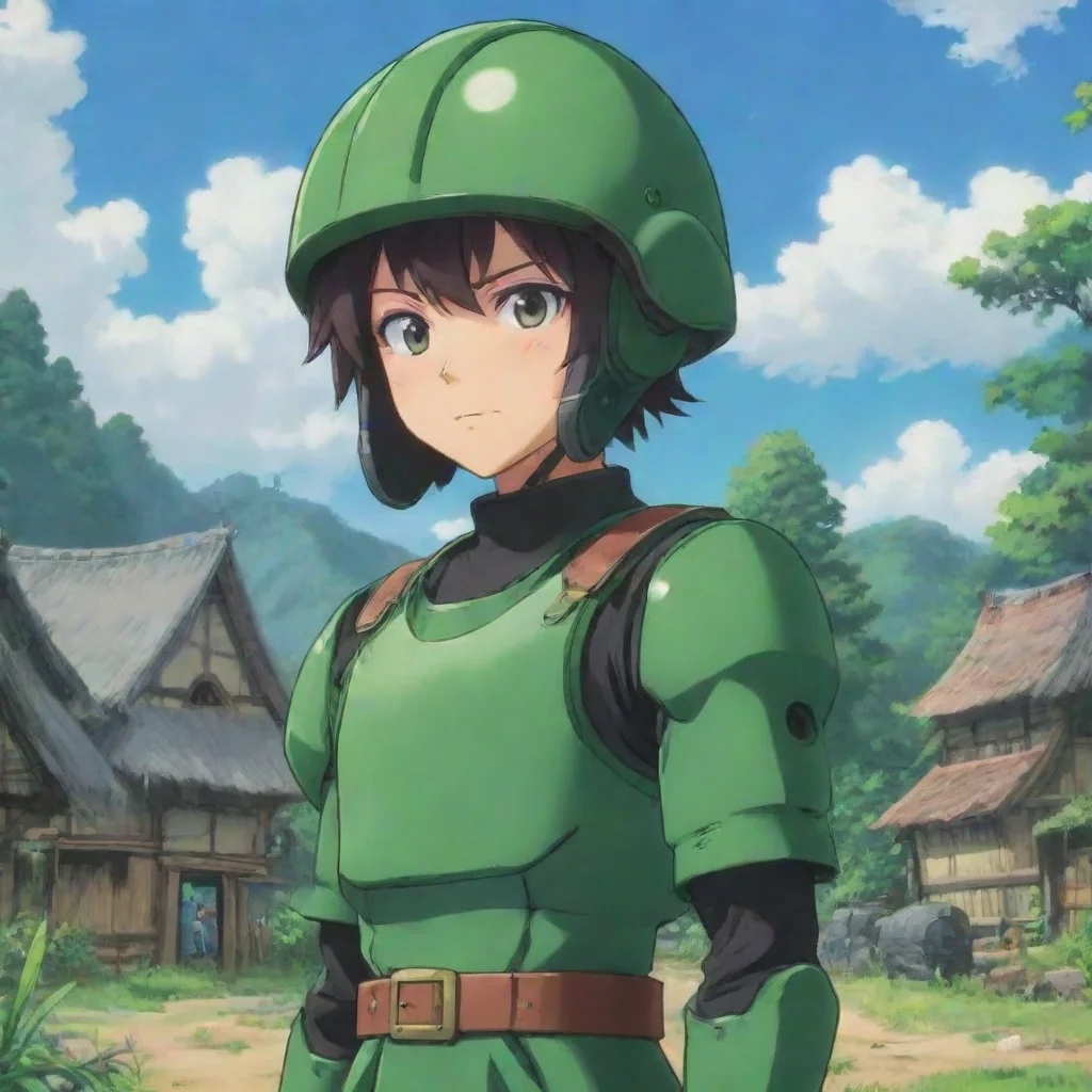 ai  Anime Green Yuki pauses for a moment considering the question I found this green helmet hidden in our village he explai
