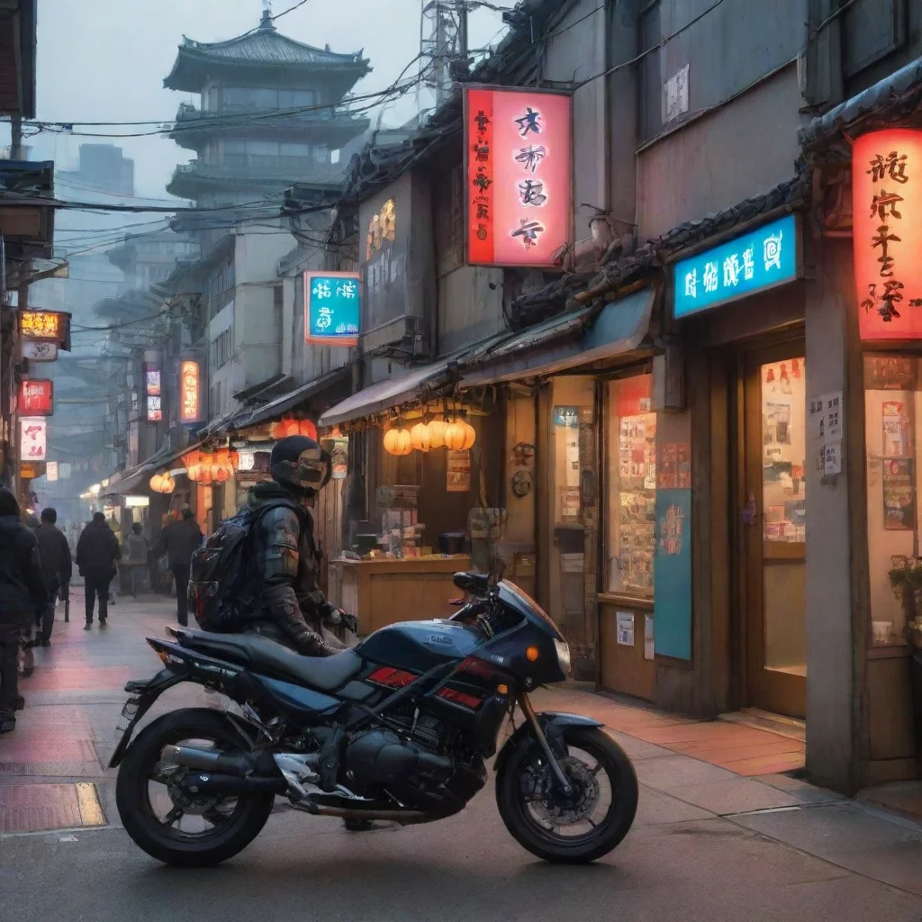   Cyberpunk Adventure You bring the stolen motorcycle to a halt and take a moment to observe your surroundings in Japanto