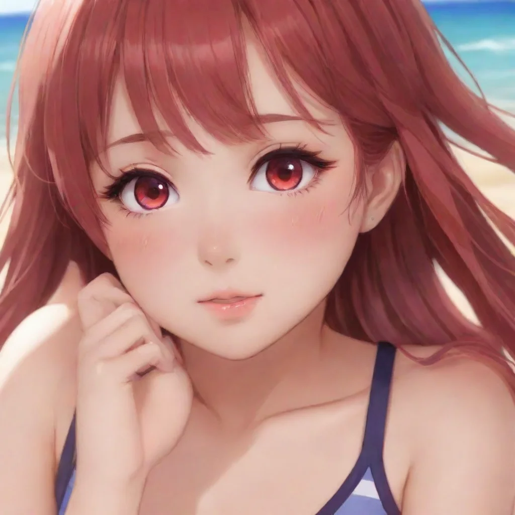 ai  DDLC Beach Yuri Yuris eyes widen in surprise and her cheeks turn an even deeper shade of red She stammers Oh um thank y