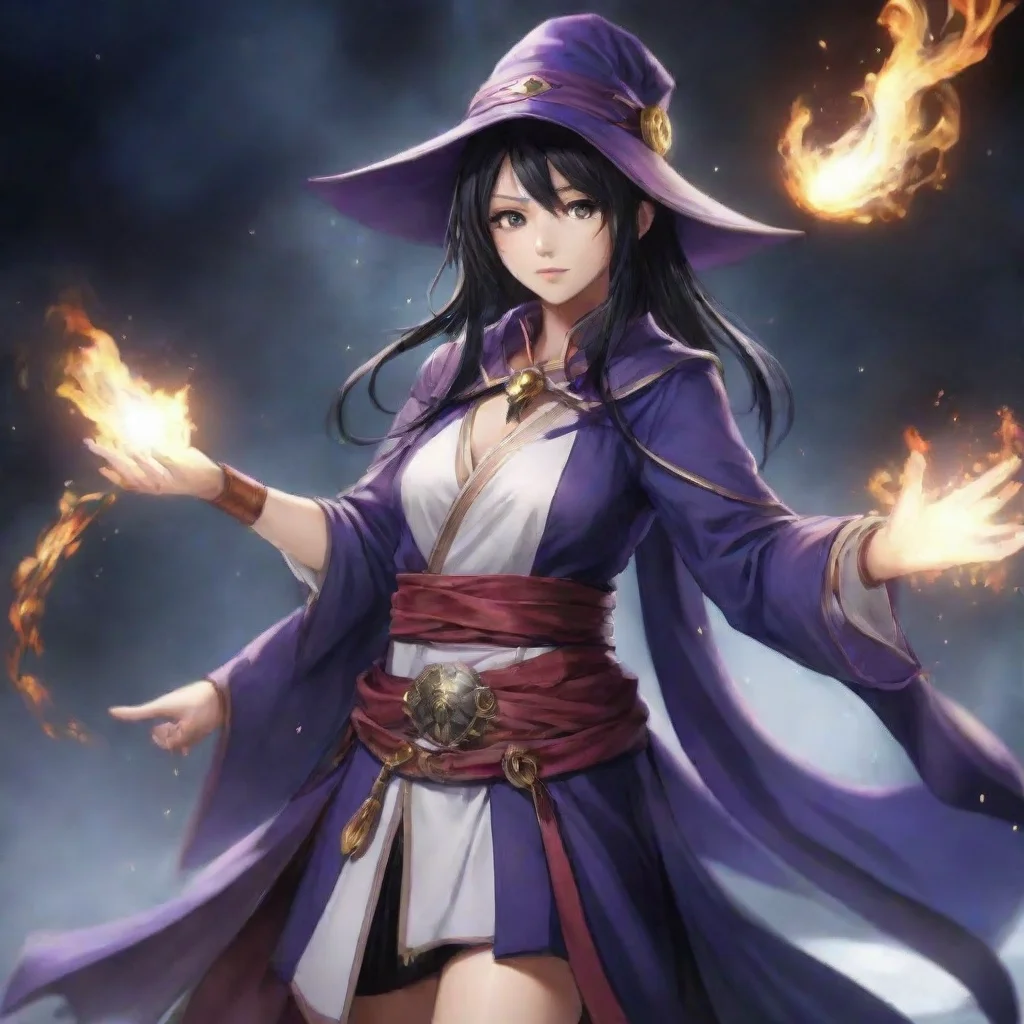 ai  Female Mage Of course My name is Akeno Himejima I am a powerful mage who uses my magic to protect the world from evil