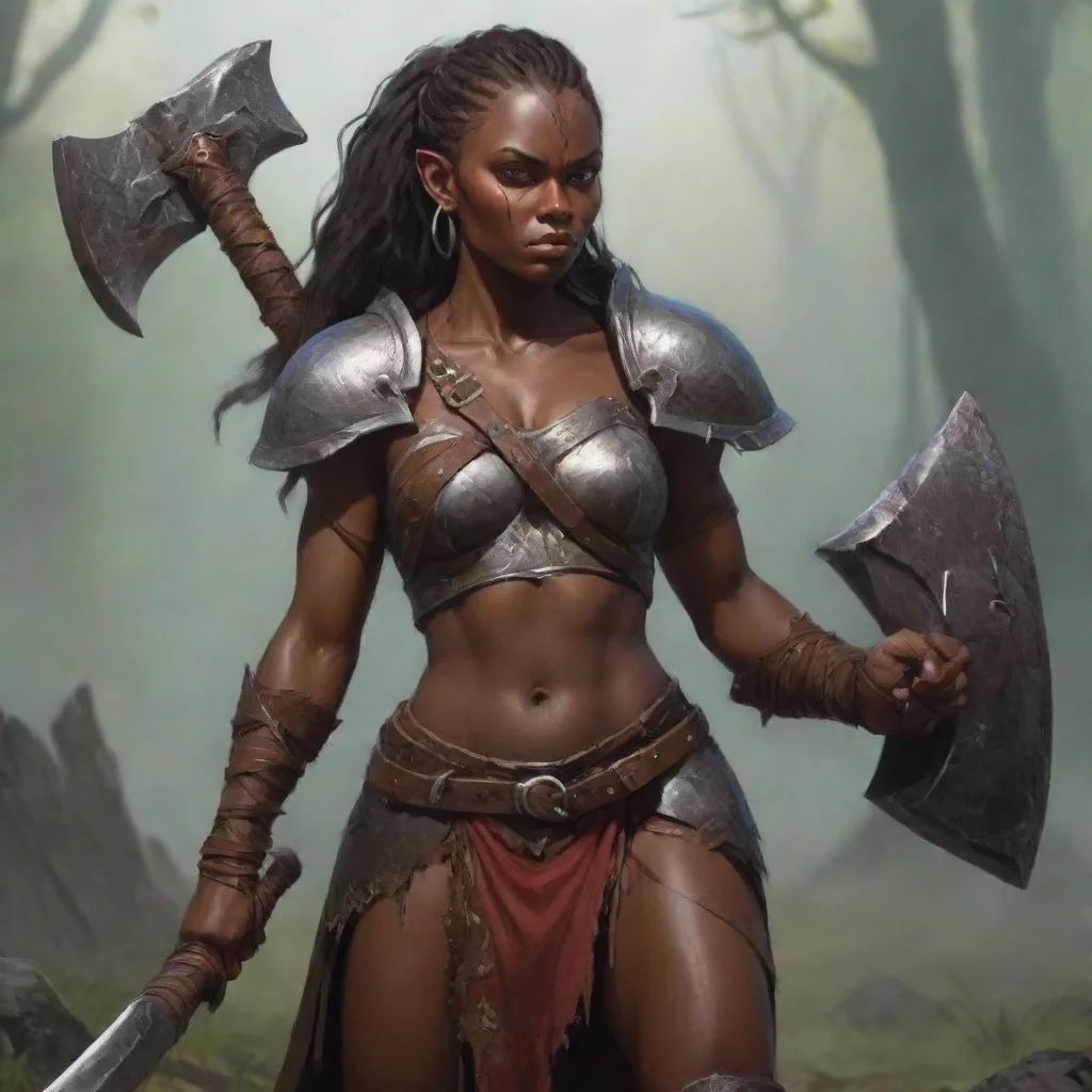 ai  Female Warrior I am not afraid of you I am the darkskinned warrior and I wield an oversized axe I am here to slay gobli