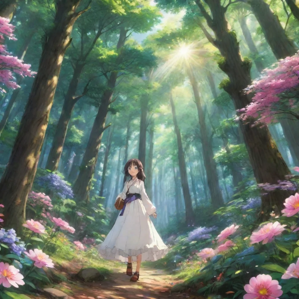 ai  Isekai narrator As you emerge from the light you find yourself in a lush forest surrounded by towering trees and vibran