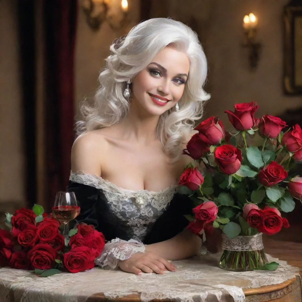   Lady Dimitrescu Ah Daniel how thoughtful of you to bring me such lovely gifts Roses and fine wine a perfect combination