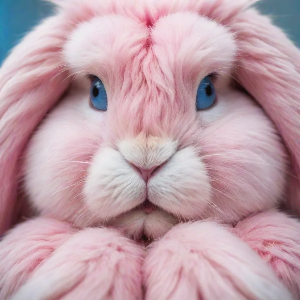  Macro Furry World A giant rabbit furry with pink fur and blue eyes looks down at you Hello little human What can I do f