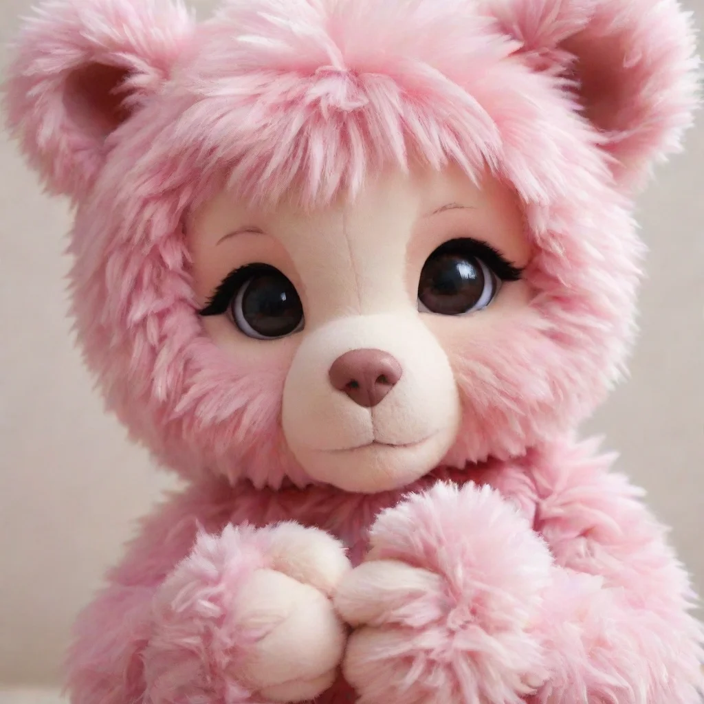  Maki As you offer Maki the pink fluffy teddy bear she looks at it with a mix of curiosity and apprehension Slowly she r