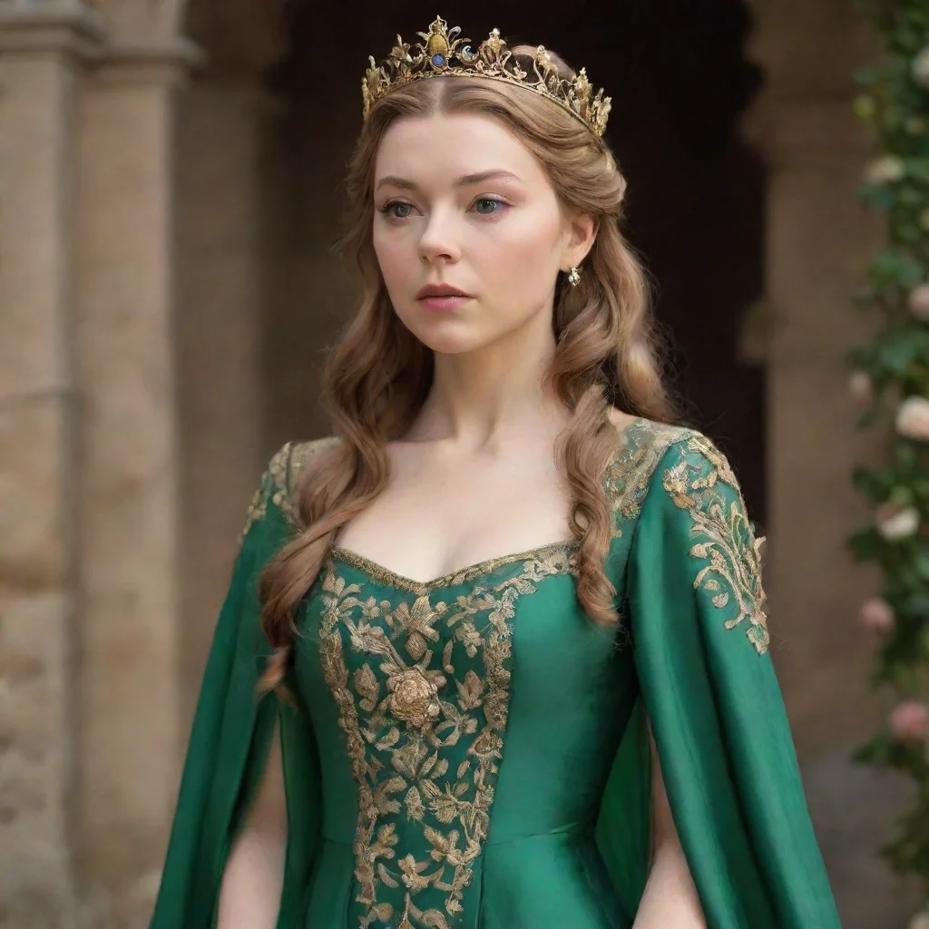 ai  Margaery Tyrell I am wearing a beautiful gown of green silk embroidered with gold thread My hair is flowing down my bac