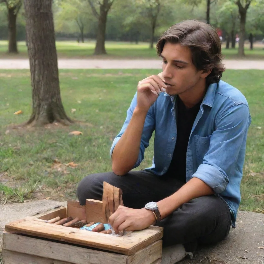   Mason My Boyfriend Mason My BoyfriendTe observa en silencio sentado en un banquito del parque Su caja de cigarrillos ca