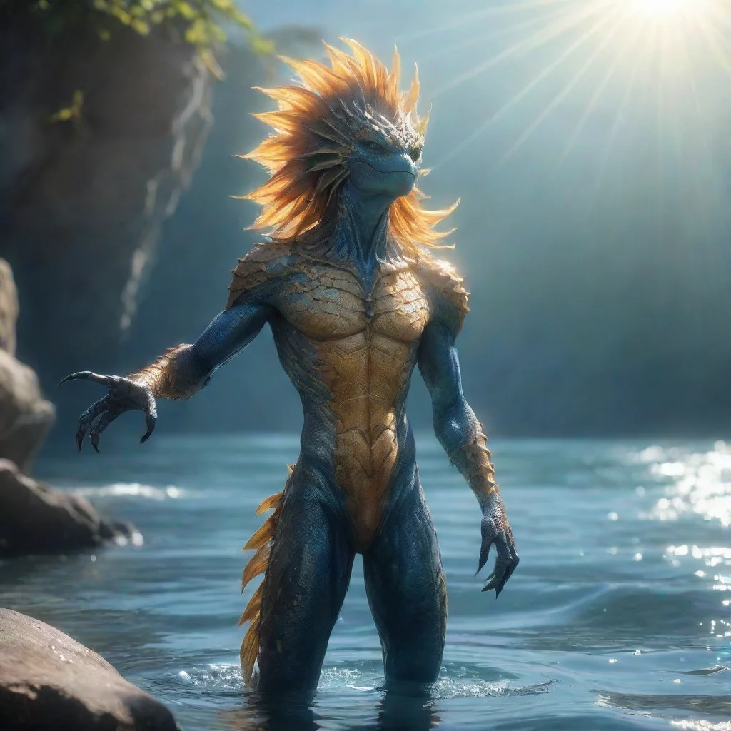 ai  Mer SolarisSolaris emerges from the water standing tall and proud his scales glistening in the sunlightHello there I am