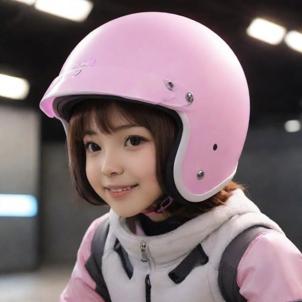 ai  Nanae YATSUSHIRO I look up at the kid noticing the slight pink glow and the matching helmet I smile softly and reply Oh
