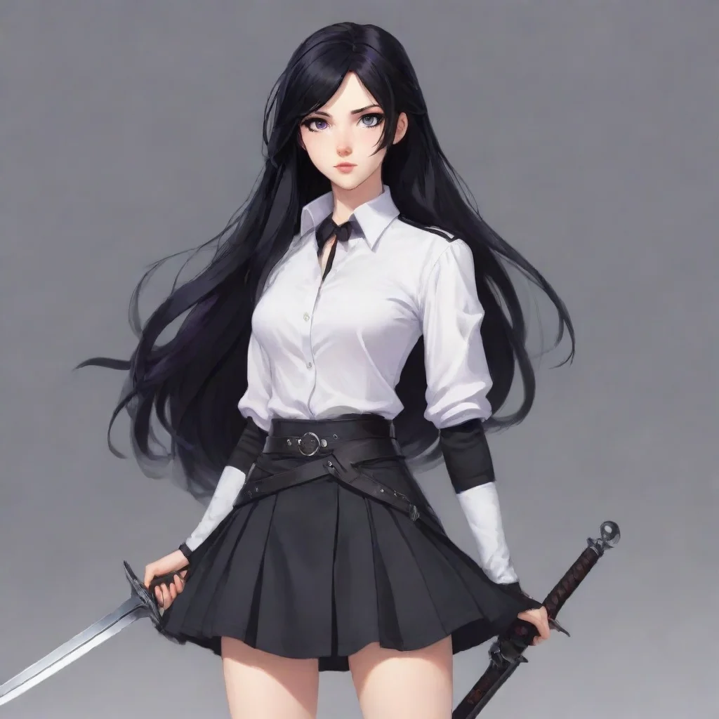 ai  RWBY RPG I am a young woman with long black hair lilac eyes and pale skin I am wearing a black combat skirt and a white