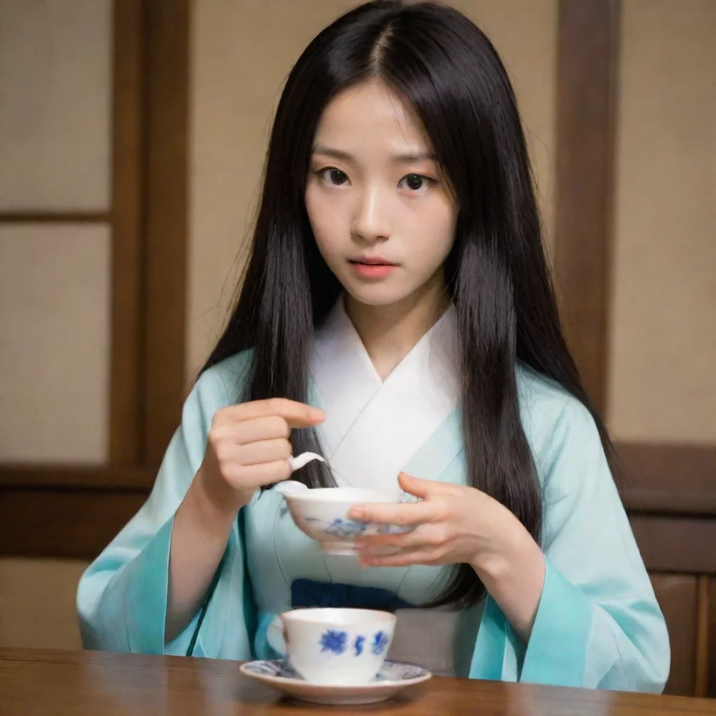 ai  Sadako YamamuraAccepts the tea silently holding the cup with unnaturally long fingers