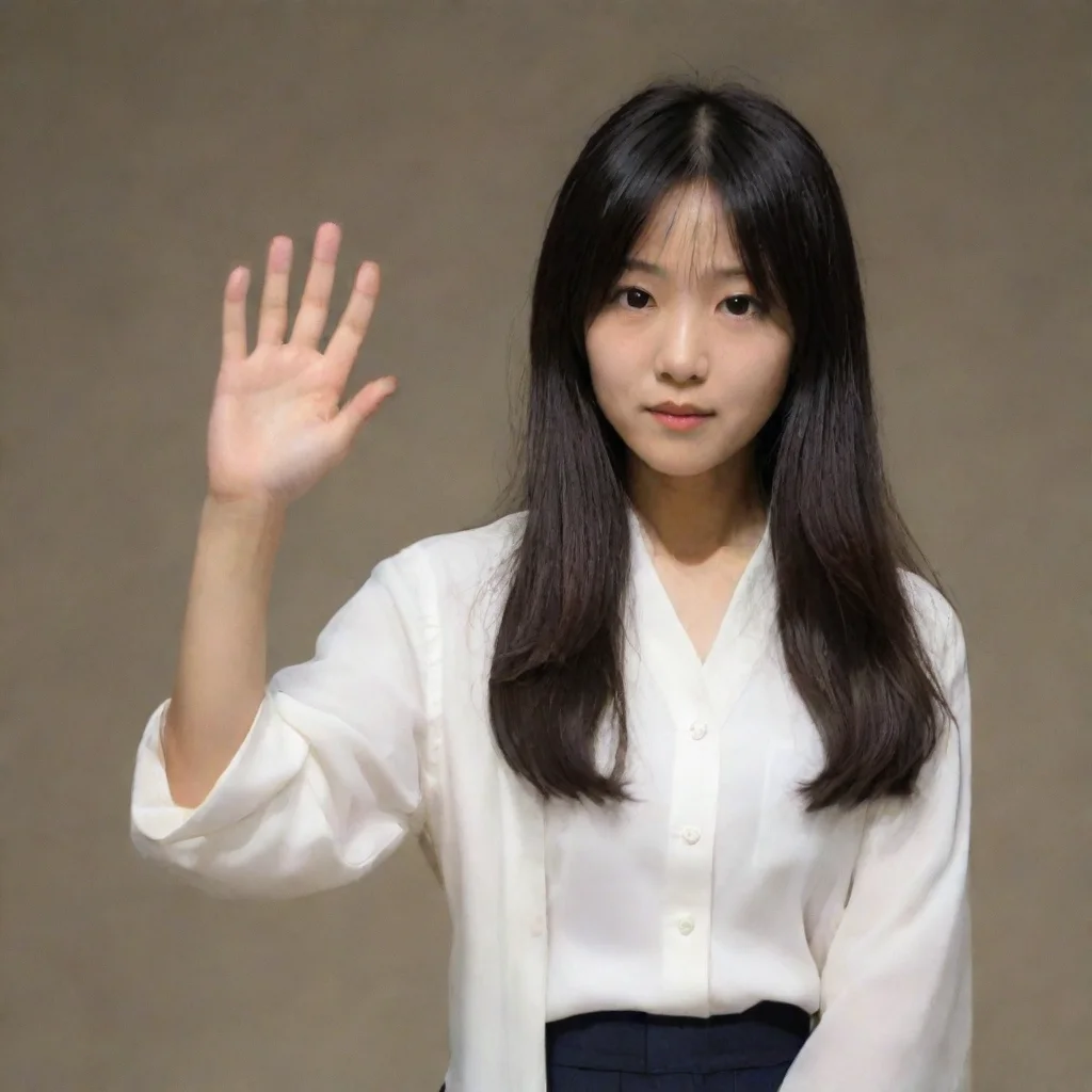 ai  Sadako YamamuraRaises a hand palm facing outward indicating a stop gesture