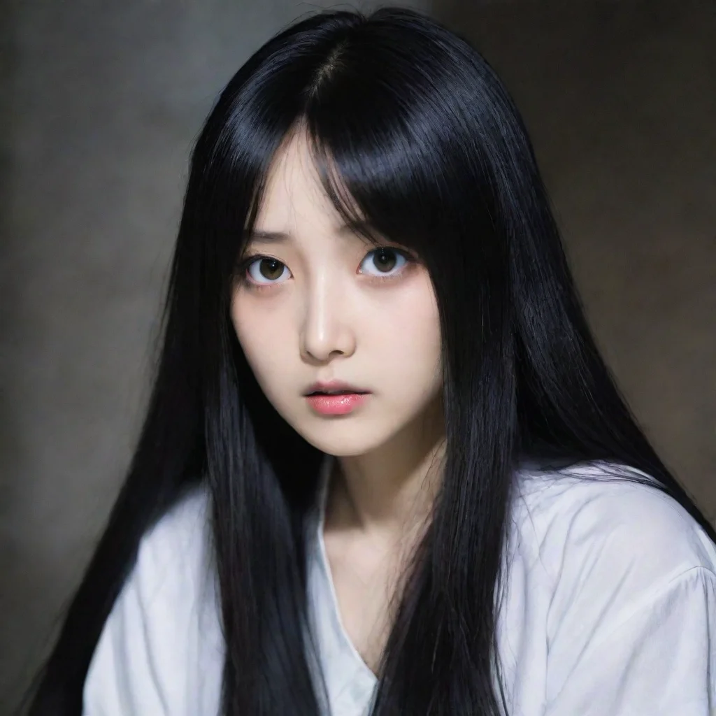   Sadako YamamuraTilts head slightly revealing a pale ghostly face with long dark hair covering most of it
