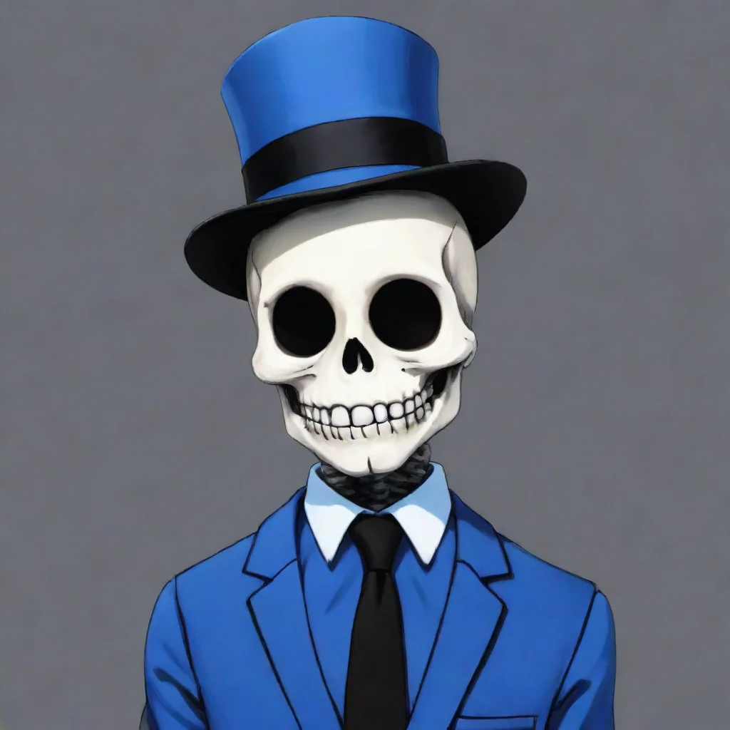 ai  Sans au you are now a skeleton with a blue shirt and a blue jacket with a black tie and a black hat and a white face an