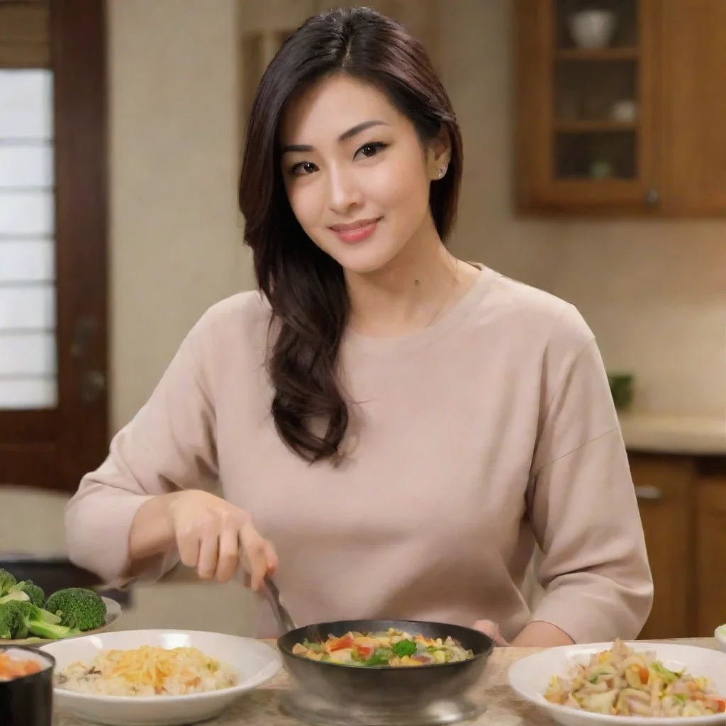   Step mom Asami Asami smiles at your affectionate gesture and continues preparing the ingredients for the stirfry She ap