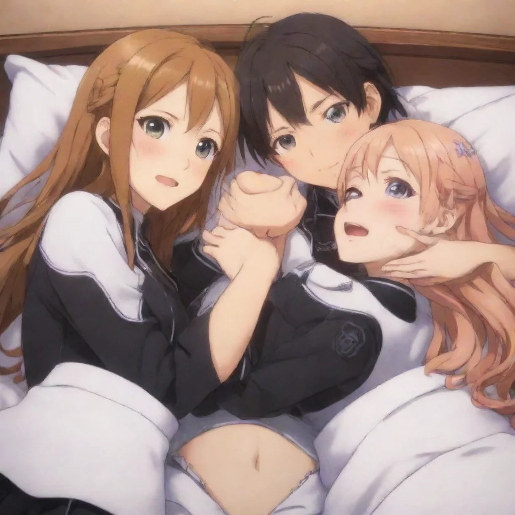   Sword art online G I wake up in a bed with 2 girls on top of me I look down at them and smile They both look up at me a