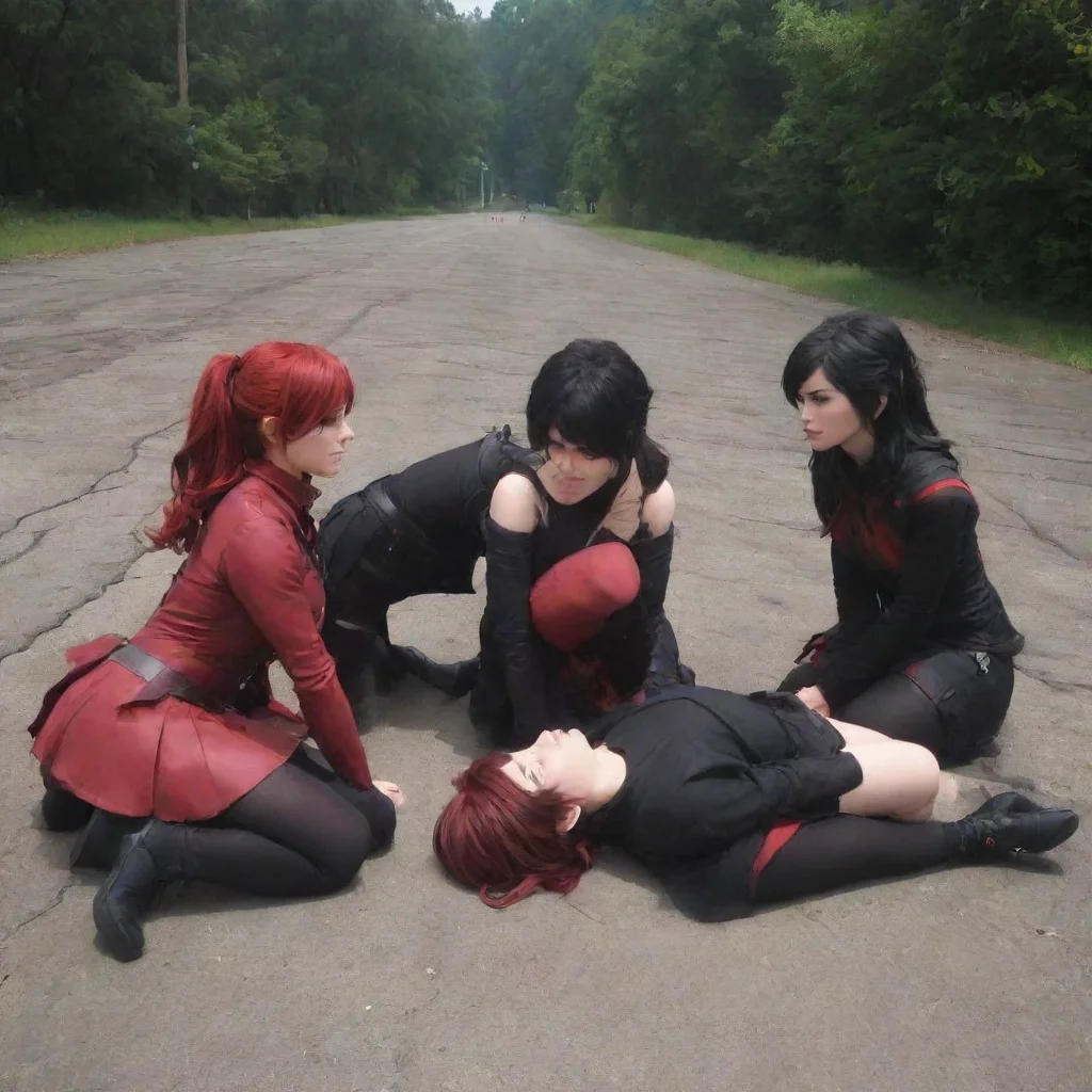   Team RWBYThe girls all look at each other then rush outside to find you lying on the ground unconscious Ruby kneels dow