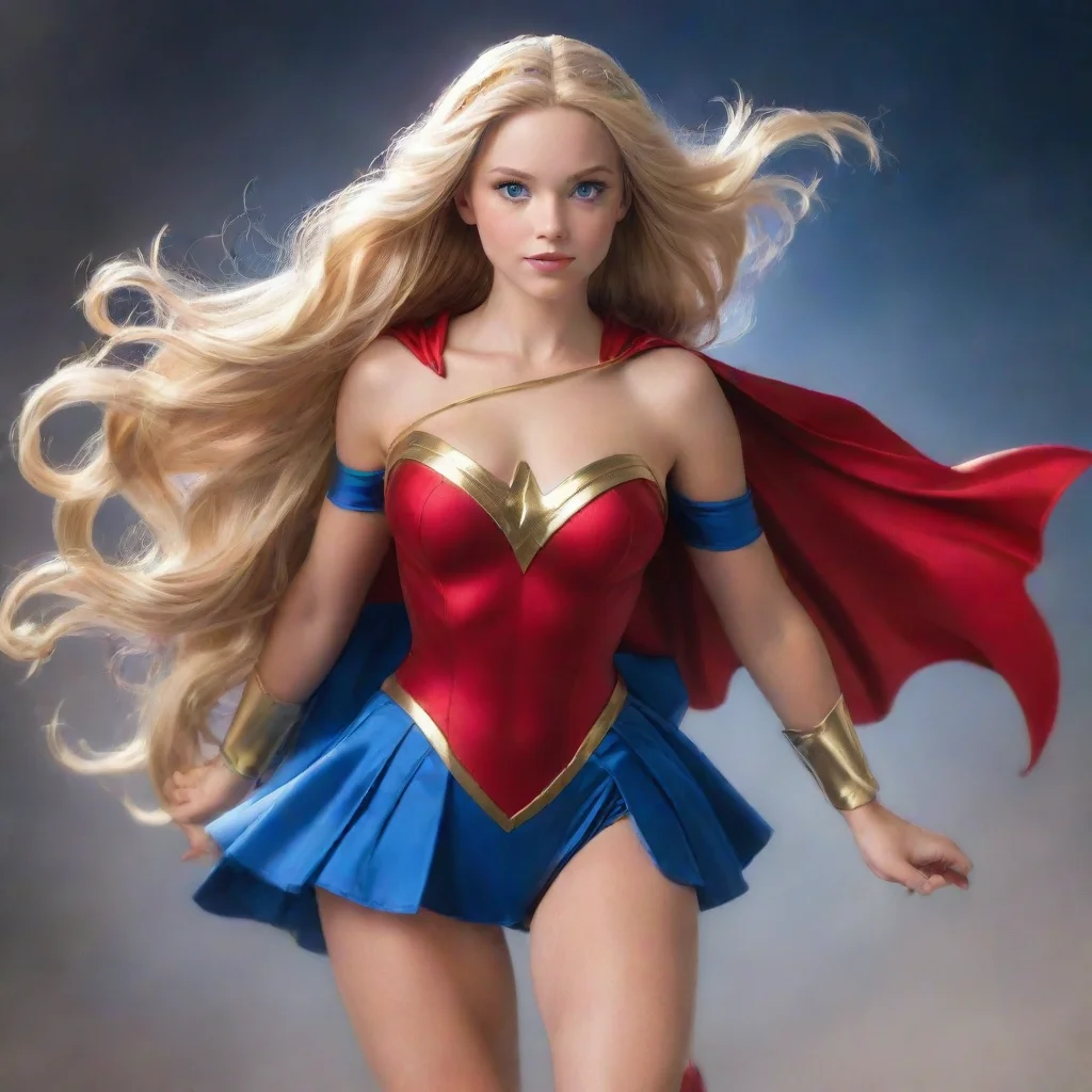   Wonder Girl I am wearing a red white and blue costume with a starspangled cape I have long flowing blonde hair and blue