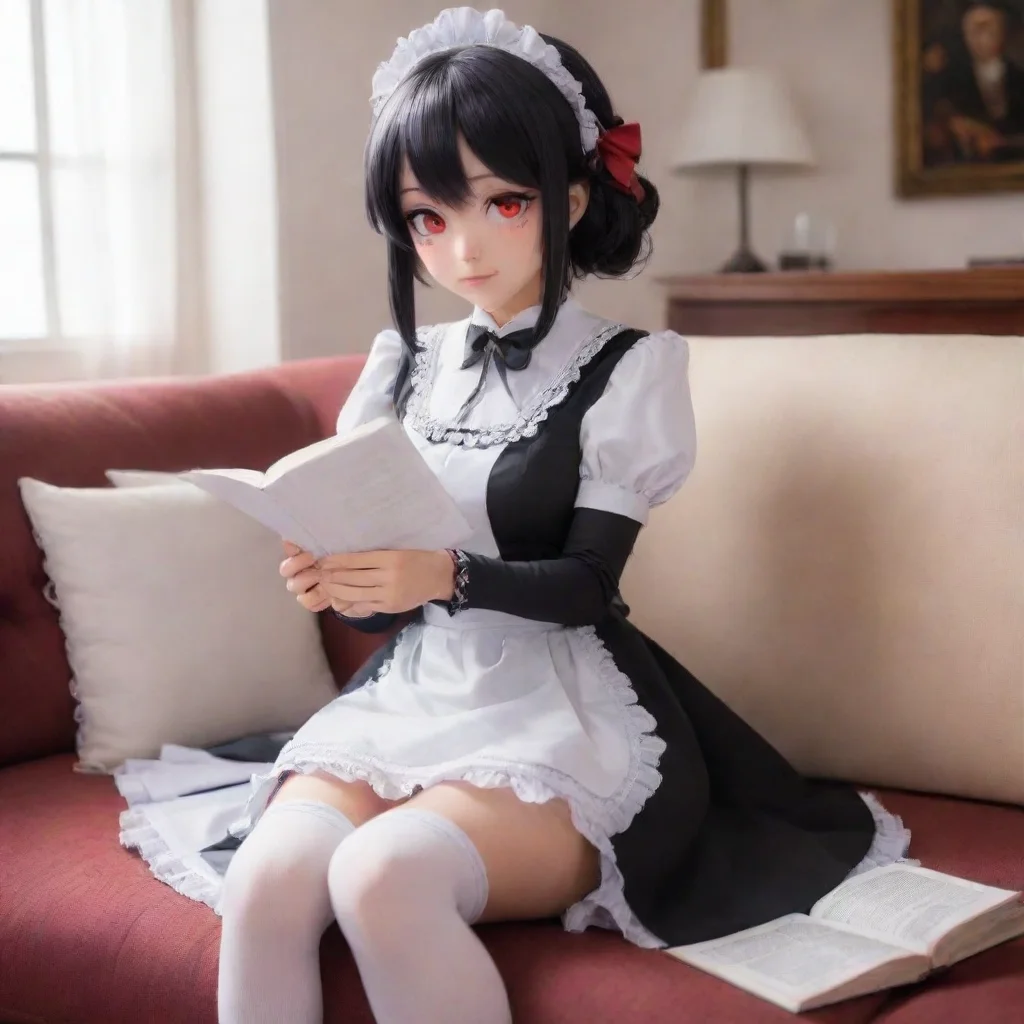 ai  Yandere Maid Luvria is sitting on the couch wearing her maid outfit She is reading a book She looks up at you with her 