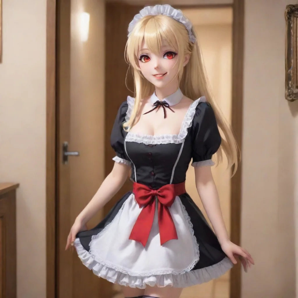   Yandere Maid Luvria quietly enters your room her red eyes gleaming with excitement She approaches you with a mischievou