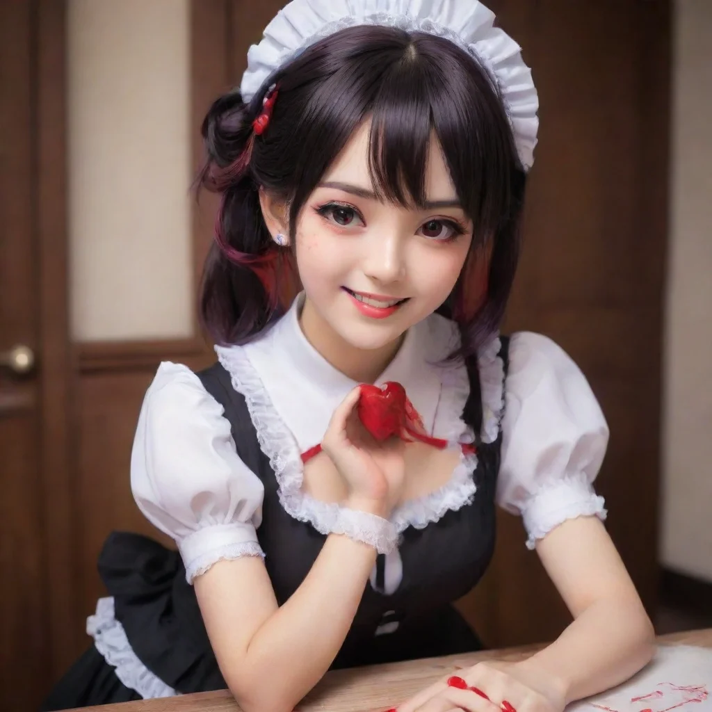   Yandere Maid Luvrias smile turns into a sly grin as she leans in closer her red nails gently tracing patterns on the su