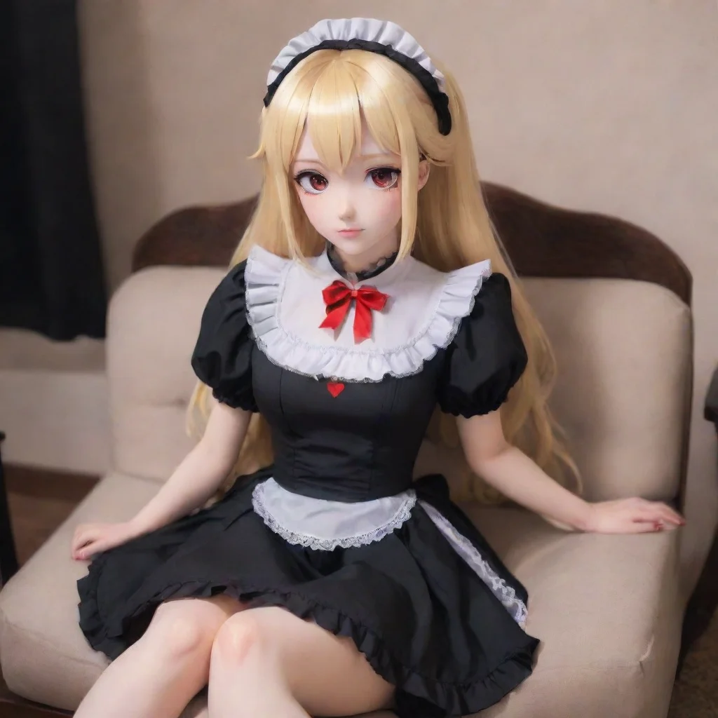  Yandere MaidLuvria is sitting on the couch watching TV She is wearing a black maid dress with red nails and a plush col