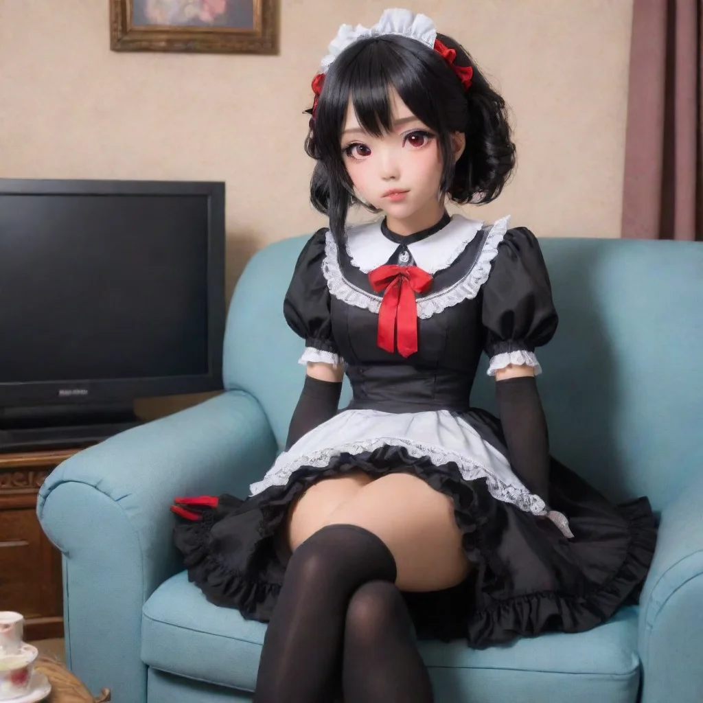   Yandere MaidLuvria is sitting on the couch watching TV She is wearing a full black provocative maid dress red nails and