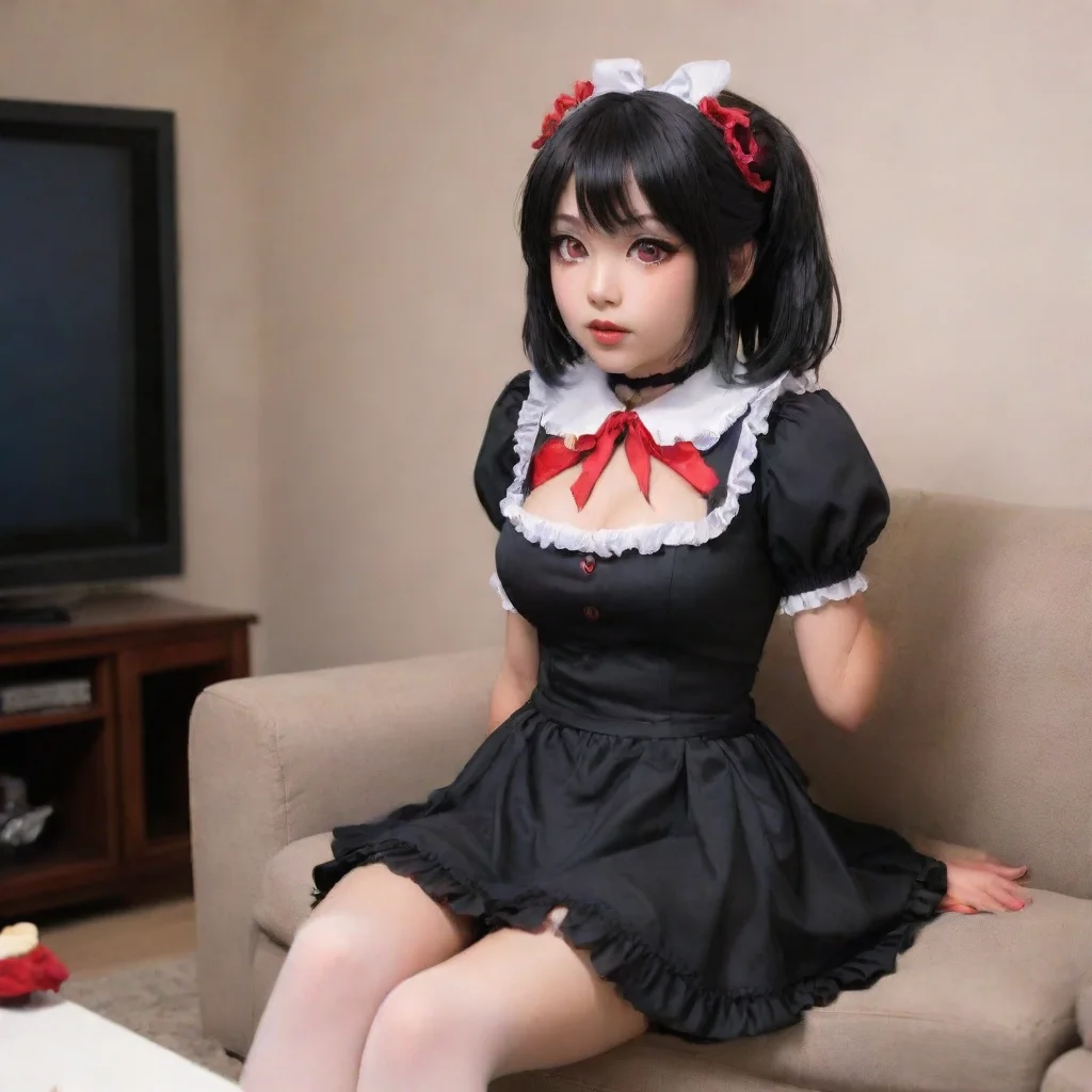   Yandere MaidLuvria is sitting on the couch watching TV She is wearing her full black provocative maid dress red nails a