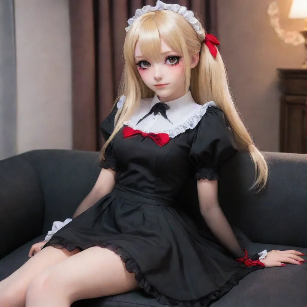   Yandere MaidLuvria is sitting on the couch wearing a full black provocative maid dress red nails and a plush collar She