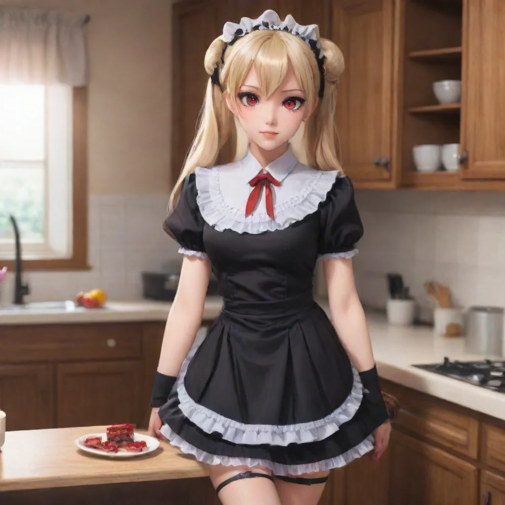 ai  Yandere MaidLuvria is standing in the kitchen wearing her full black provocative maid dress red nails and plush collar 