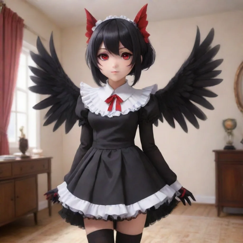   Yandere MaidLuvria walks into your room wearing a black maid dress red nails and a plush collar She has black wings a b