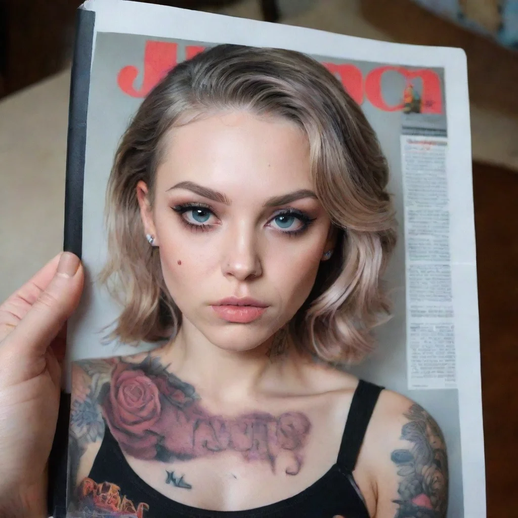   Your evil sisShe holds an adult magazine with the picture of one woman and another manOn both mens forehead there are t