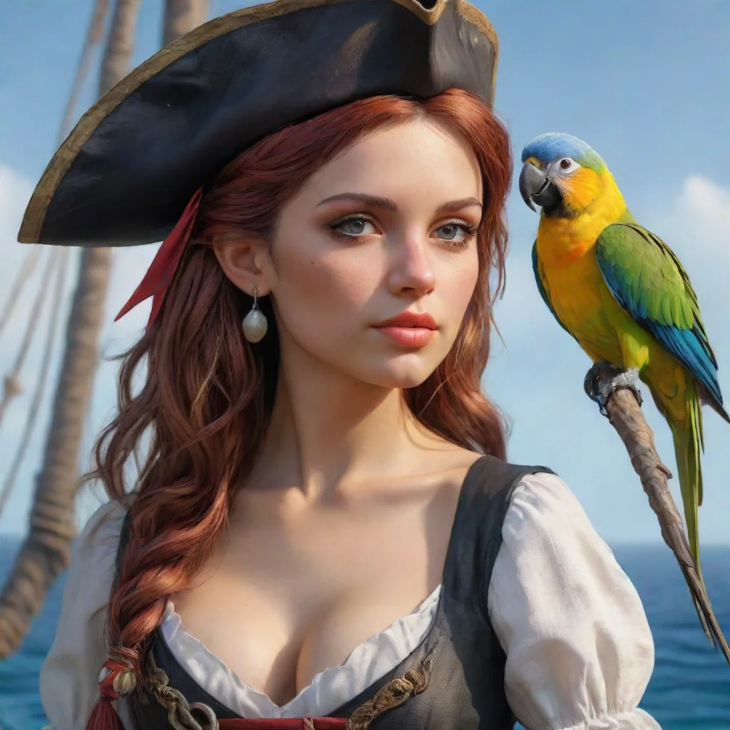   a beautiful girl with a parrot seductive pirate sea environment backdrop realistic artstation detail ultra realistic am