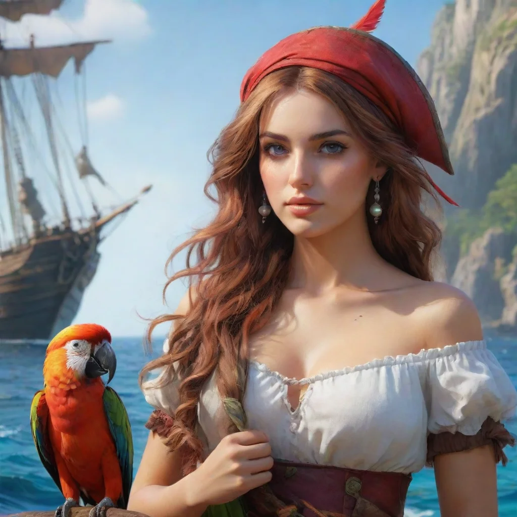 ai  a beautiful girl with a parrot seductive pirate sea environment backdrop realistic artstation detail ultra realistic co