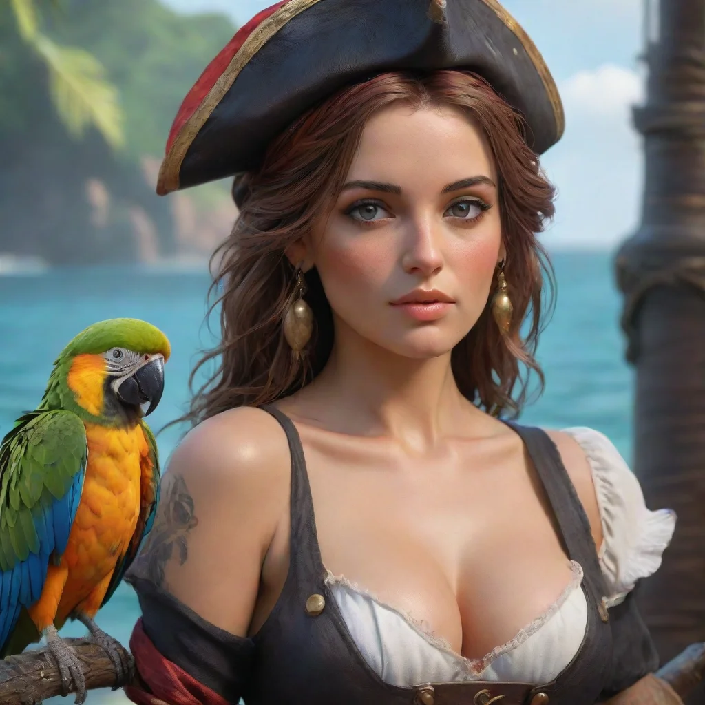   a beautiful girl with a parrot seductive pirate sea environment backdrop realistic artstation detail ultra realistic go