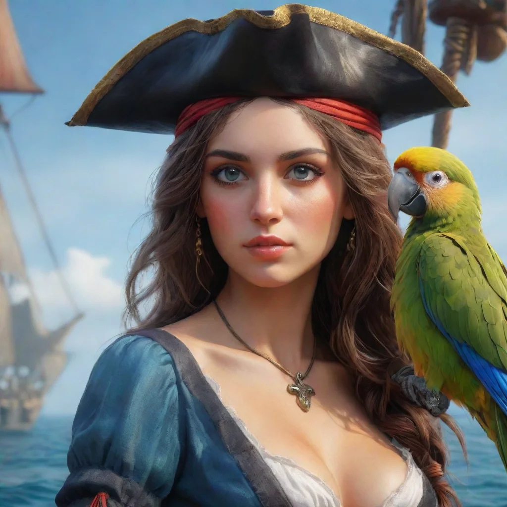 ai  a beautiful girl with a parrot seductive pirate sea environment backdrop realistic artstation detail ultra realistic