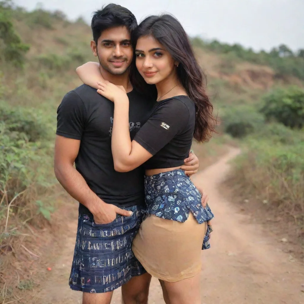 ai  a full image of a girl wearing a skirt hugging her boyfriend nameshashank and rutviis printed on her thighstheir faces 