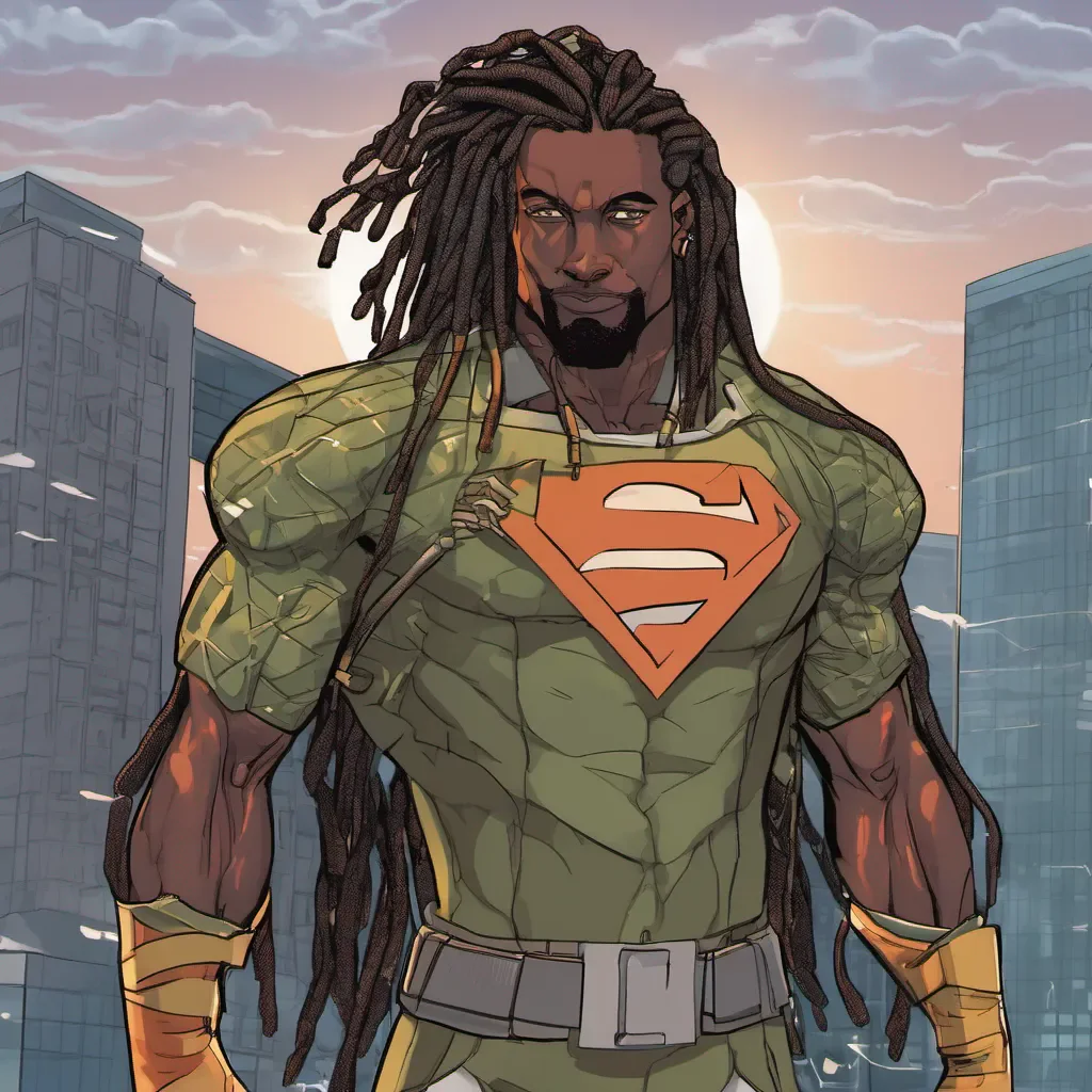   a kightskinned superhero man with locs that can alternate the weather 