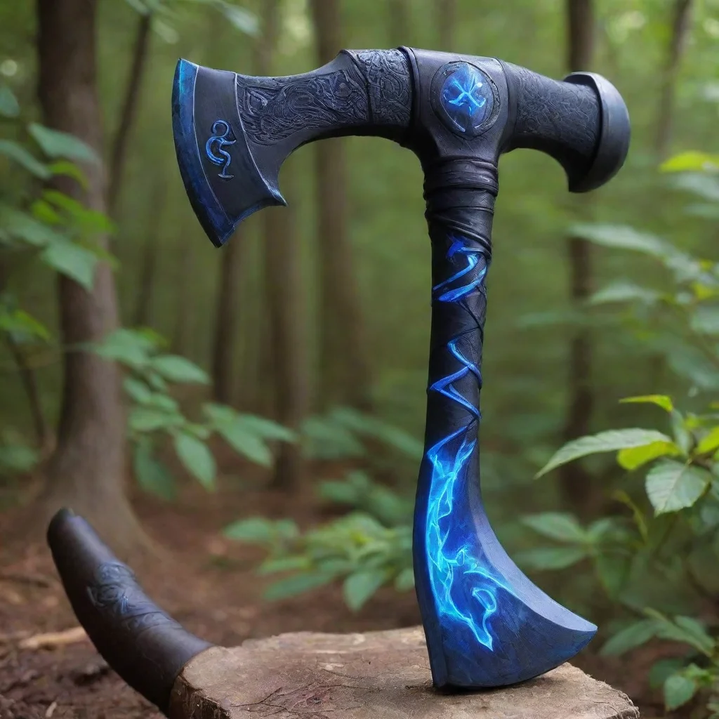   a sleek black battle axe with a head crackling with blue lightning energyengraved with glowing ancient runesthe handle 