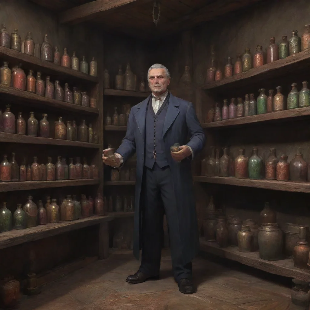   a well dressedmiddle aged man stands in an occult shop with potions on the wall confident engaging wow artstation art 3