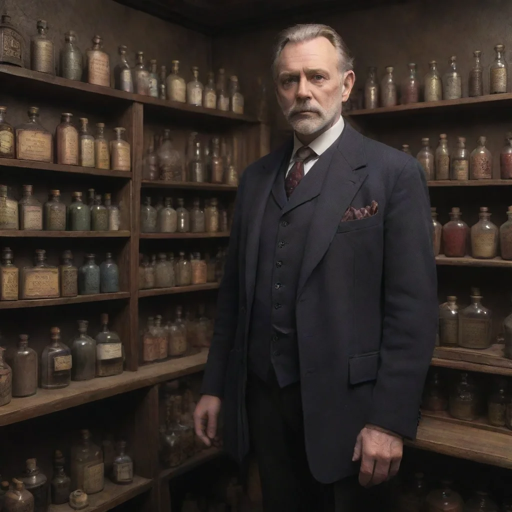   a well dressedmiddle aged man stands in an occult shop with potions on the wall good looking trending fantastic 1
