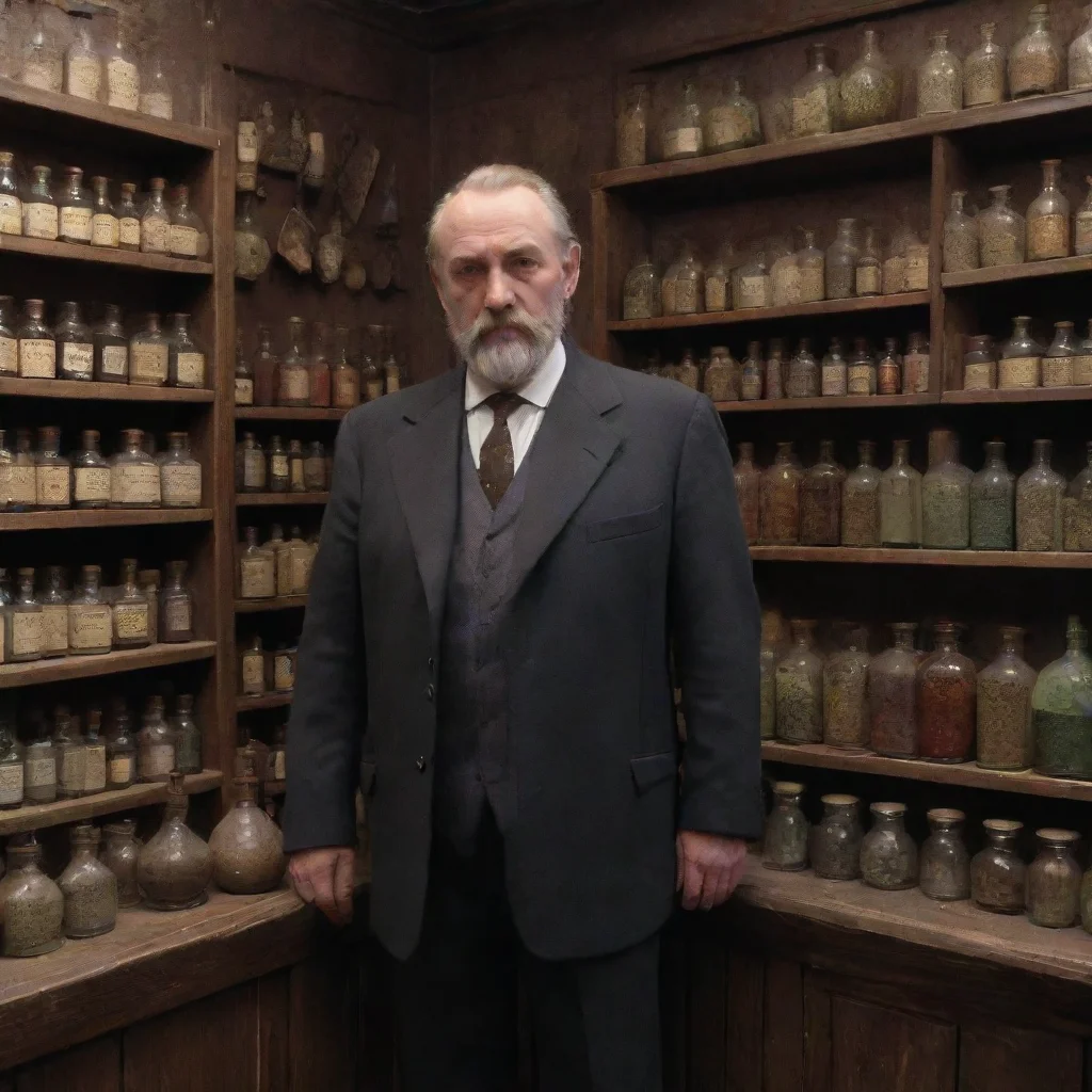 ai  a well dressedmiddle aged man stands in an occult shop with potions on the wall