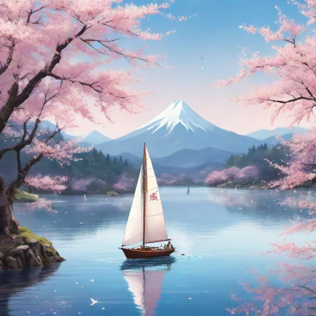   an anime style movie poster with a small sailboat sailing on a lakeand cherry blossoms floating in the wind 