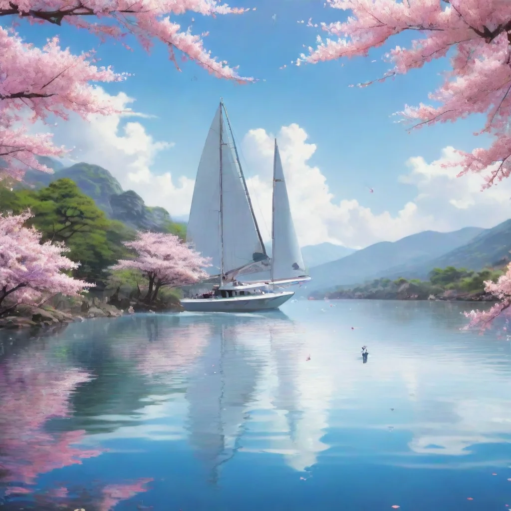   an anime style movie poster with a trimaran sailing on a lakeand cherry blossoms floating in the wind 