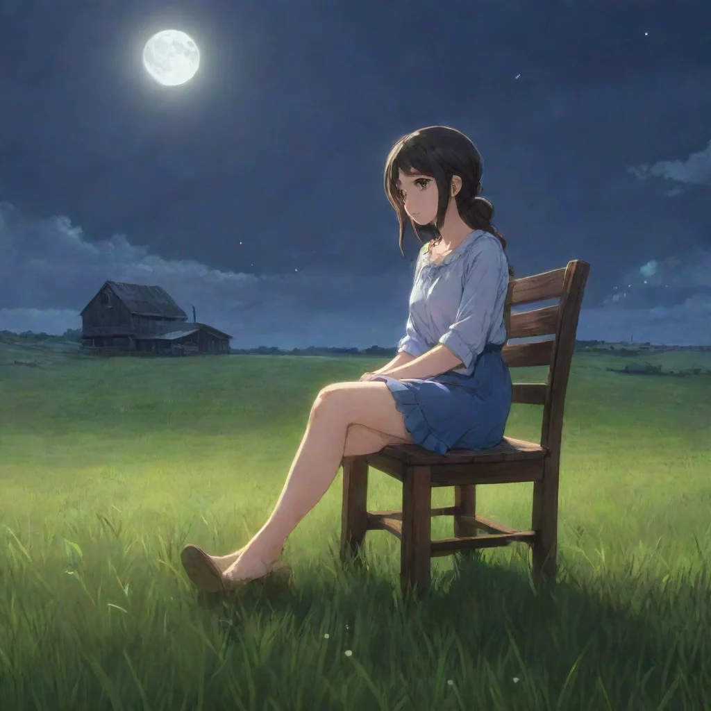   best qualityhd aesthetic1 2woman sitting in a wooden chair in the middle of a grass field on a farmmoonlightbest qualit